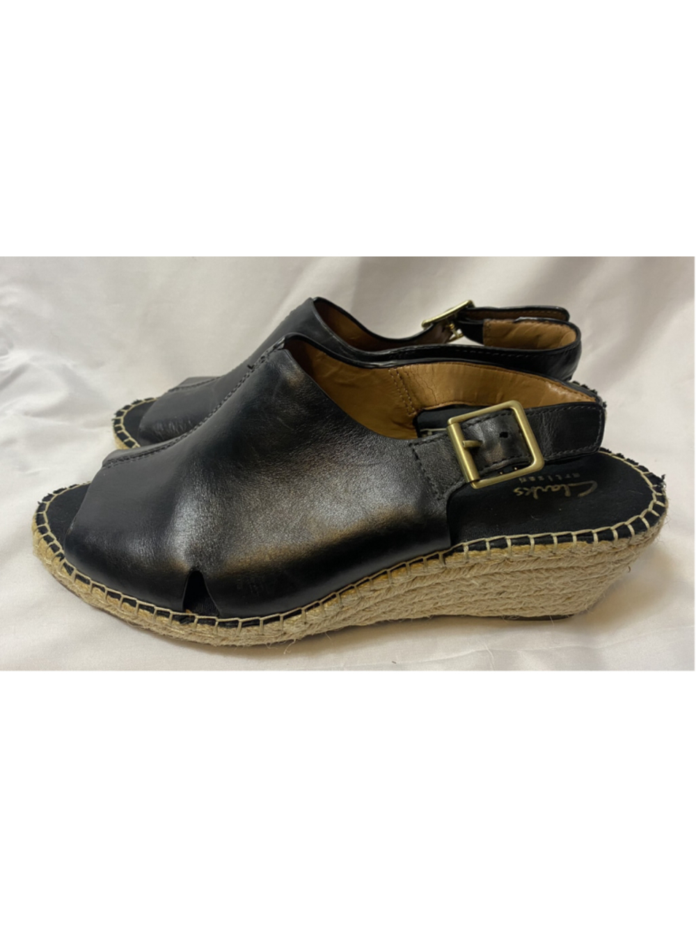 Clarks Petrina Leather Black Peep Toe Slingback Wedge Sandal Size 9